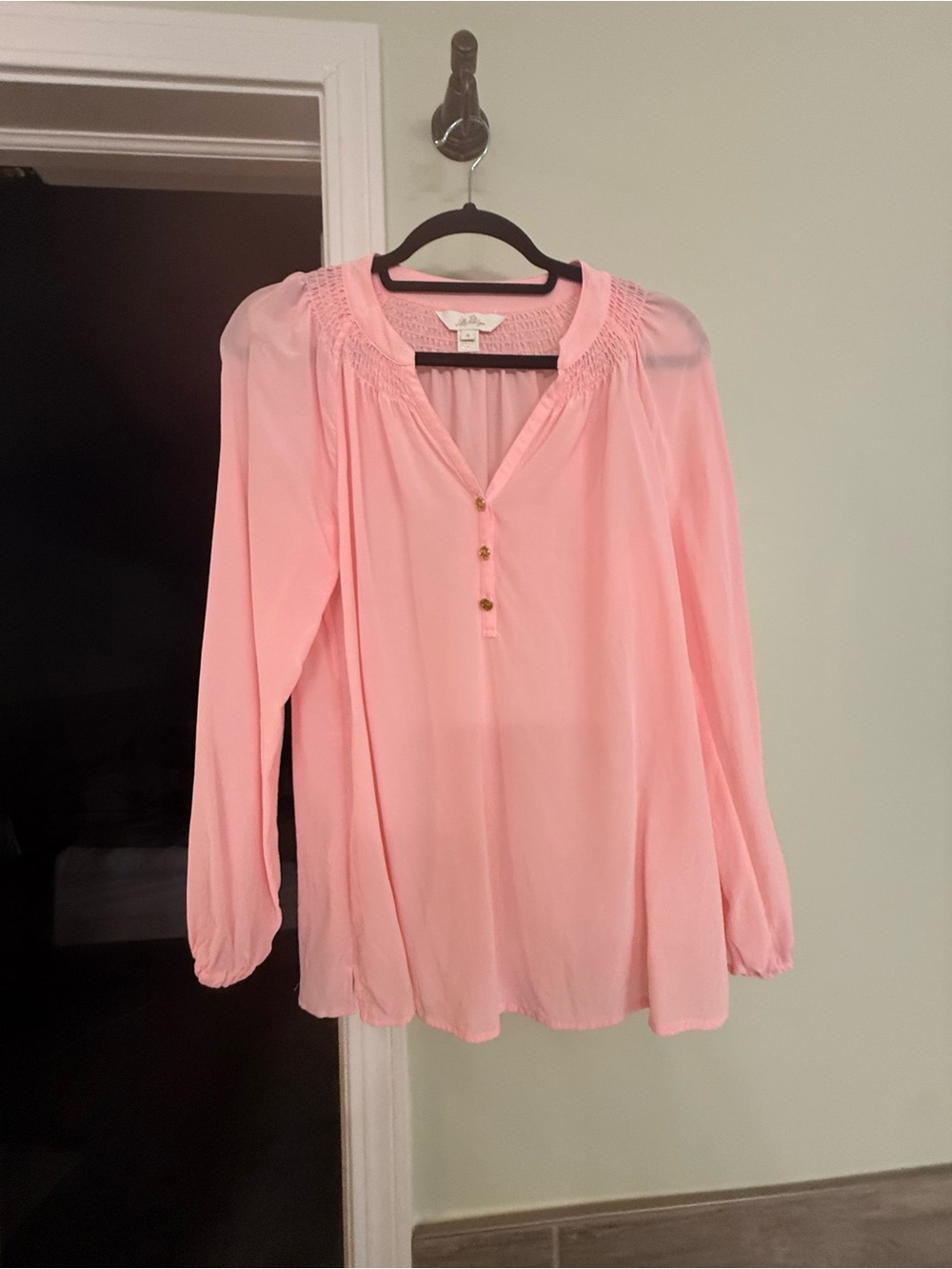 Lilly Pulitzer Elsa Top  Pink Smocked V-Neck Peasant Blouse